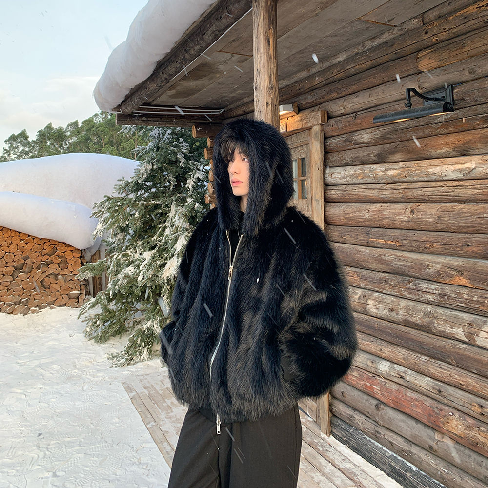 Men Faux Fur Coats Jackets Hoo - Winter Clothing Work 评论和价格