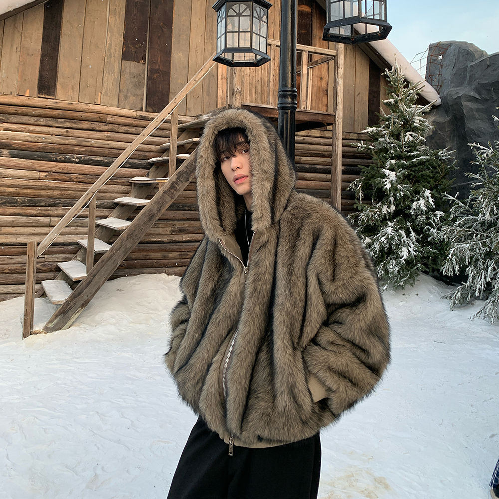 Men Faux Fur Coats Jackets Hoo - Winter Clothing Work 评论和价格