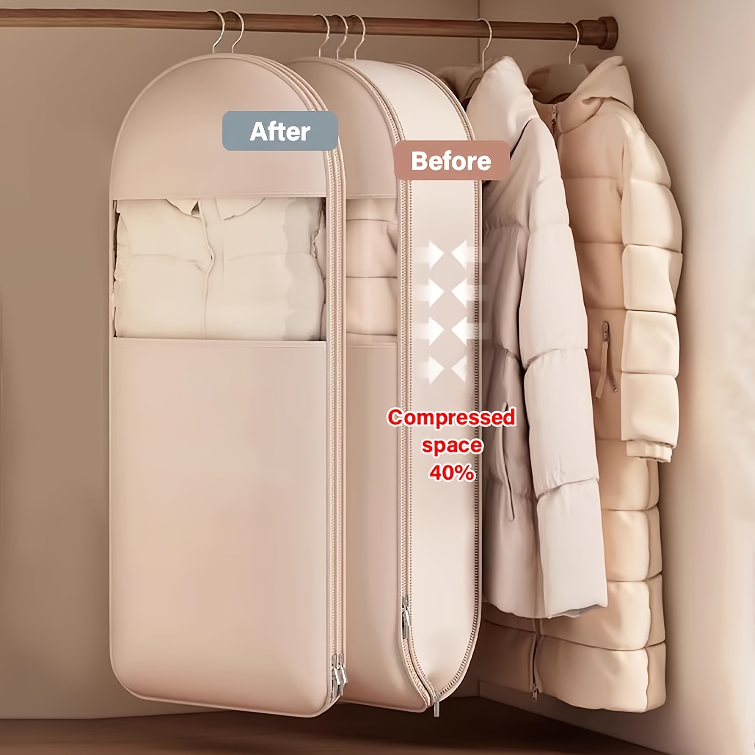 Beige Compression Hanging Bag, - Winter Clothing Organizer 评论和价格